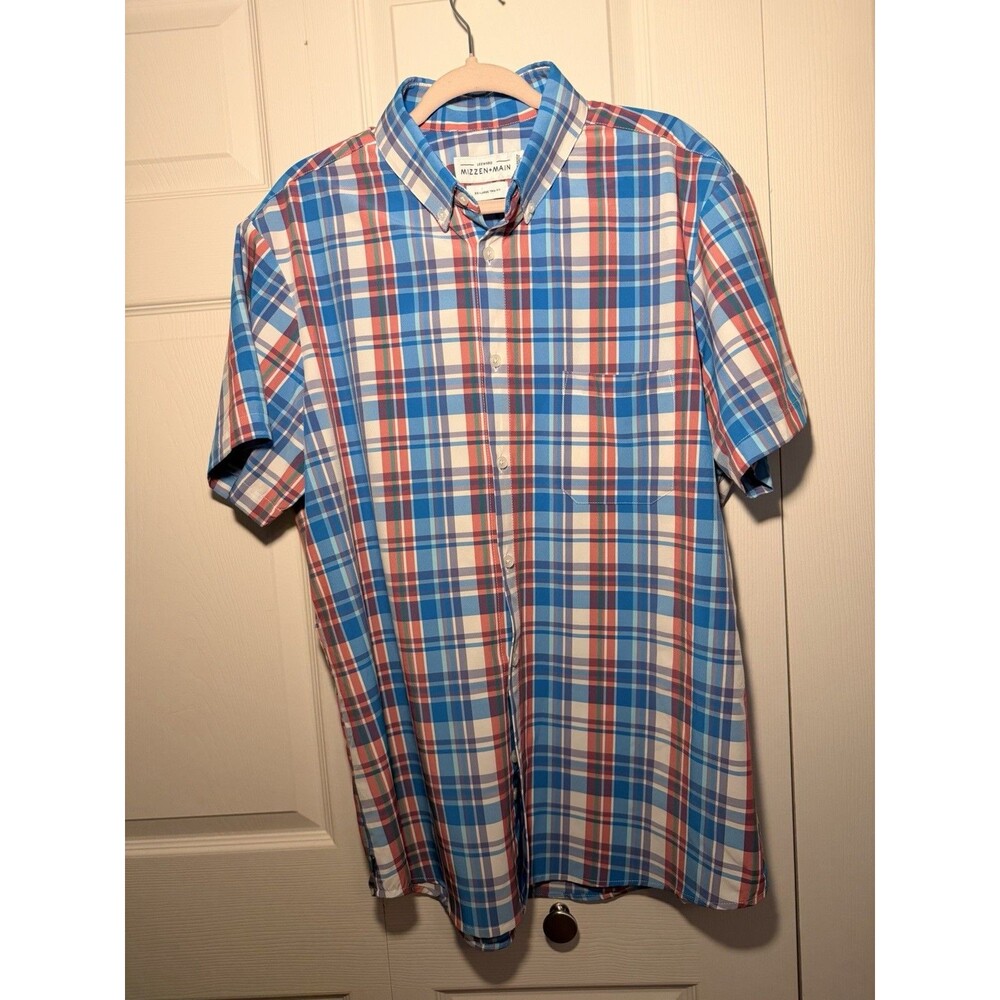 Mizzen+Main Shirt Mens XXL Blue Plaid Leeward Short Sleeve Trim Fit travel